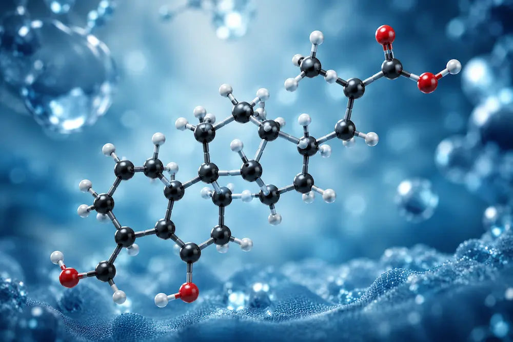 3D ball-and-stick model of a deoxycholic acid molecule against a blue water-droplet background