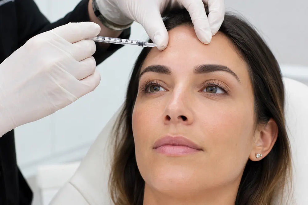 Medical provider wearing gloves administering a Botox injection to a patient’s forehead in a clean clinical setting.