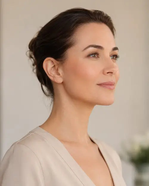 Side profile of a woman in her forties with a smooth, defined jawline and neckline, illustrating the goal of non-surgical double chin treatment