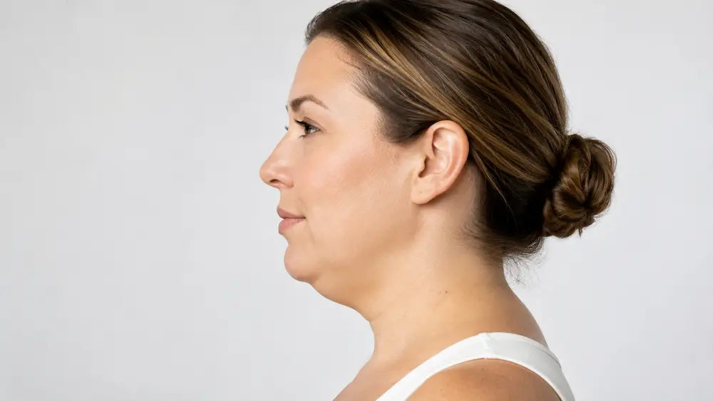 Woman shown in side profile with visible fullness beneath the chin, illustrating common causes of a double chin.