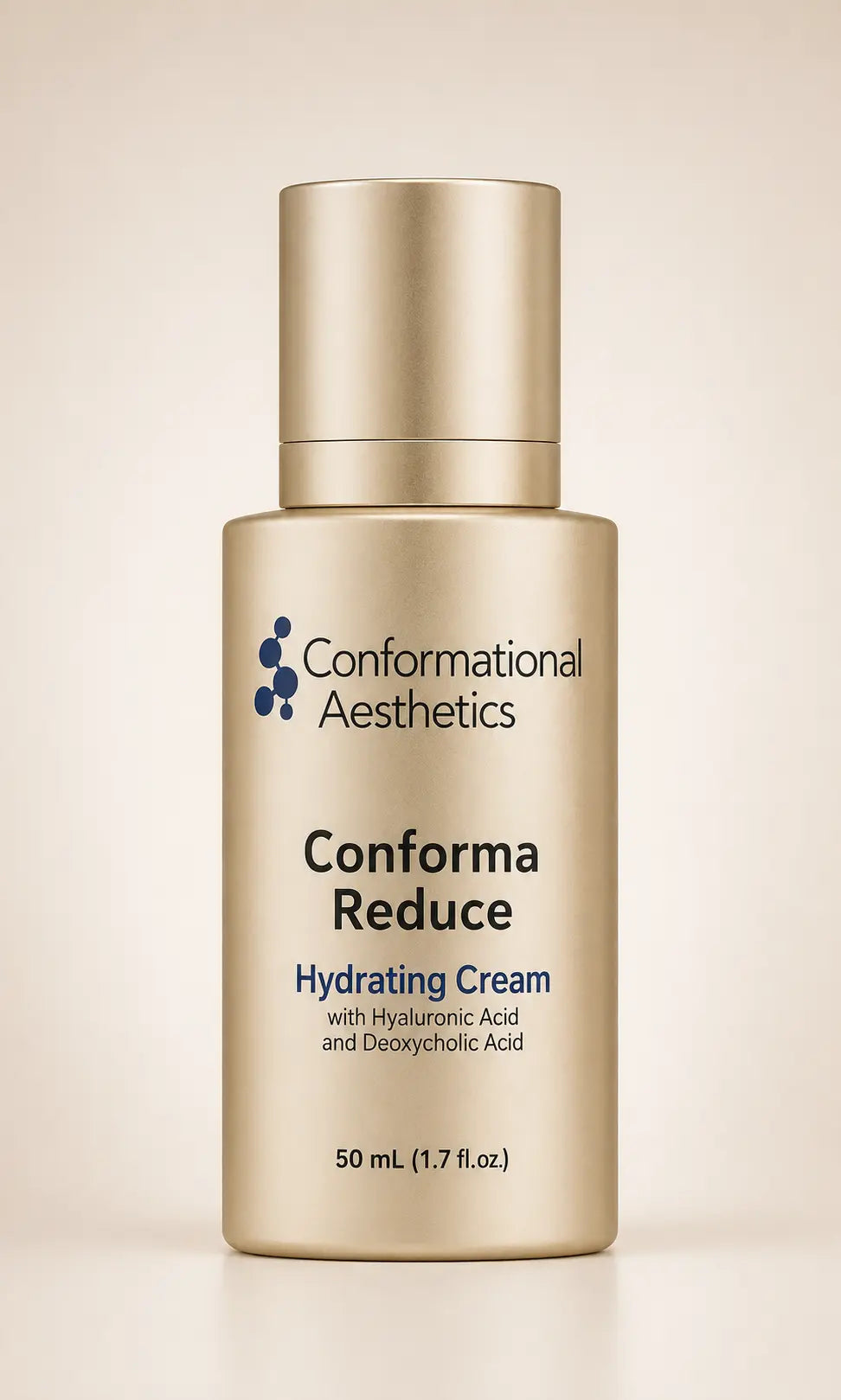 A bottle of Conformational Aesthetics Conform Reduce Hydrating Cream in a metallic gold finish, set against a soft beige background. 