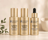 One Conforma HA and two Conforma Reduce bundle on a light beige surface: two gold-toned hydrating cream bottles and one gold-toned hydrating facial serum bottle with a black dropper cap, styled with soft background blur and a small leaf sprig.