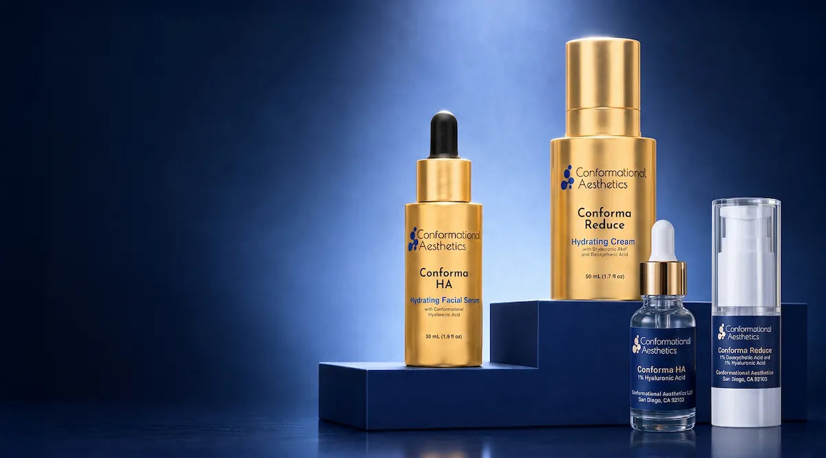 Conforma HA serum and Conforma Reduce cream in full and travel sizes on a blue display