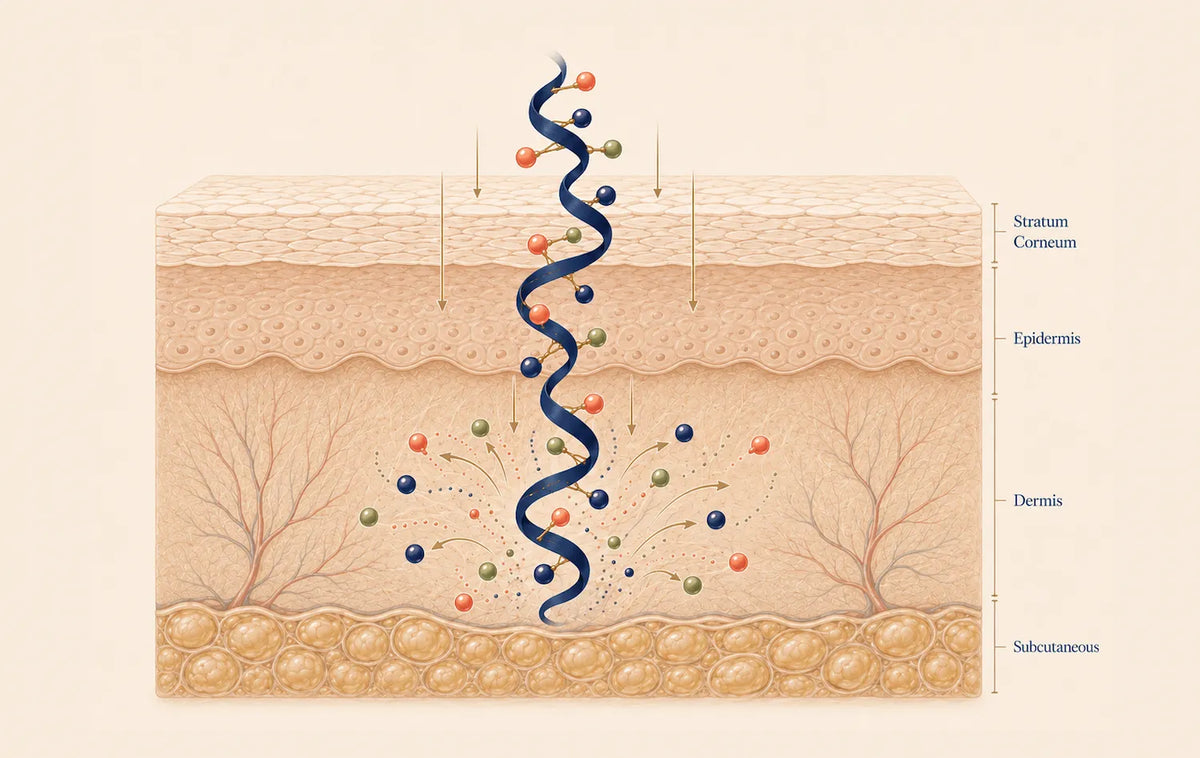 Push-Pull Delivery diagram showing hyaluronic acid carrying smaller active ingredients through the skin barrier into deeper layers.