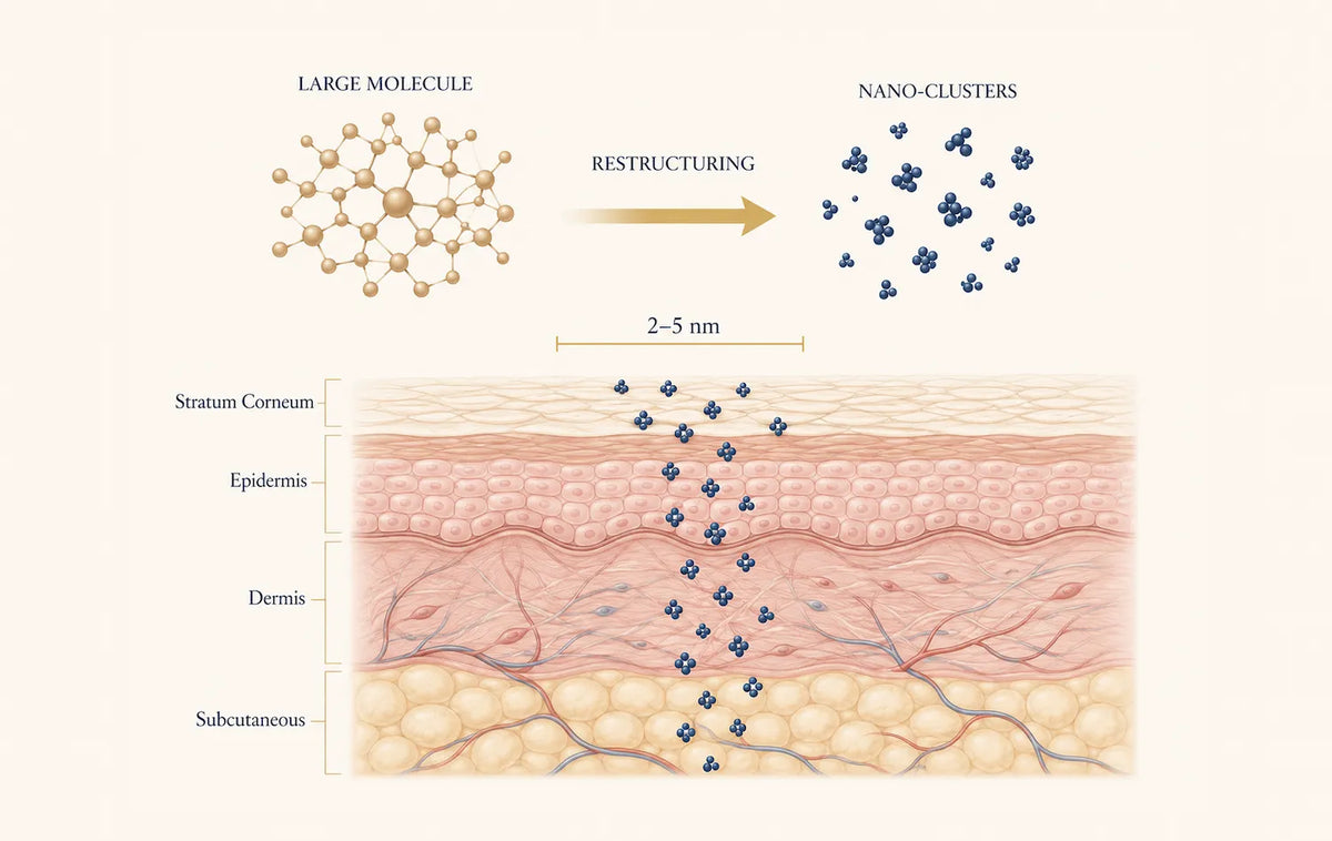 Conformational Change Technology diagram showing large active molecules restructured into 2 to 5 nm nano-clusters that penetrate deeper skin layers.