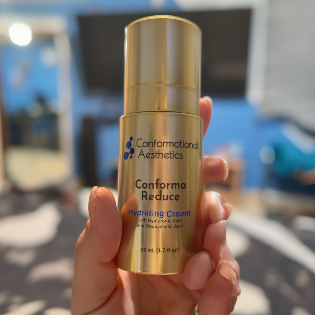 Gold bottle of Conformal Aesthetics Conforma Reduce Hydrating Cream held in a hand with a blurred background.
