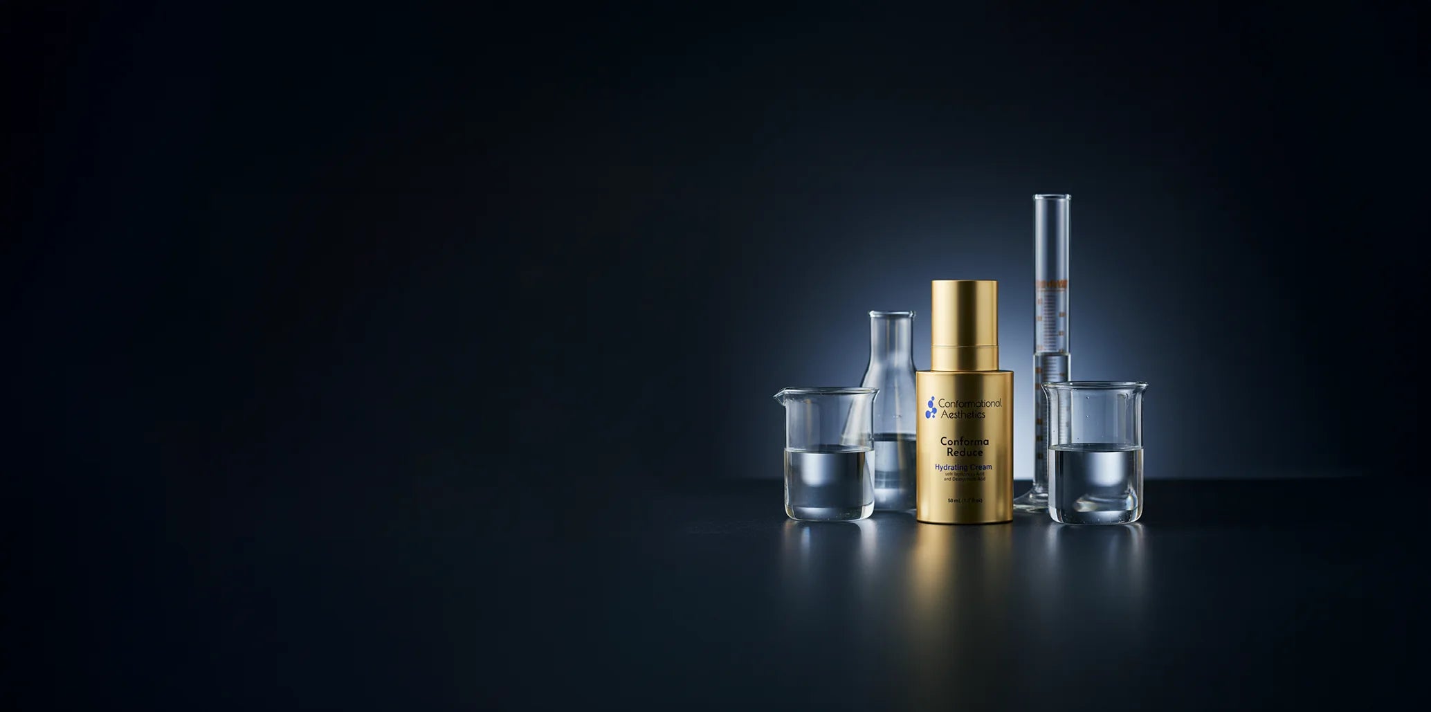 Conforma Reduce Hydrating Cream displayed with laboratory glassware on a dark background.