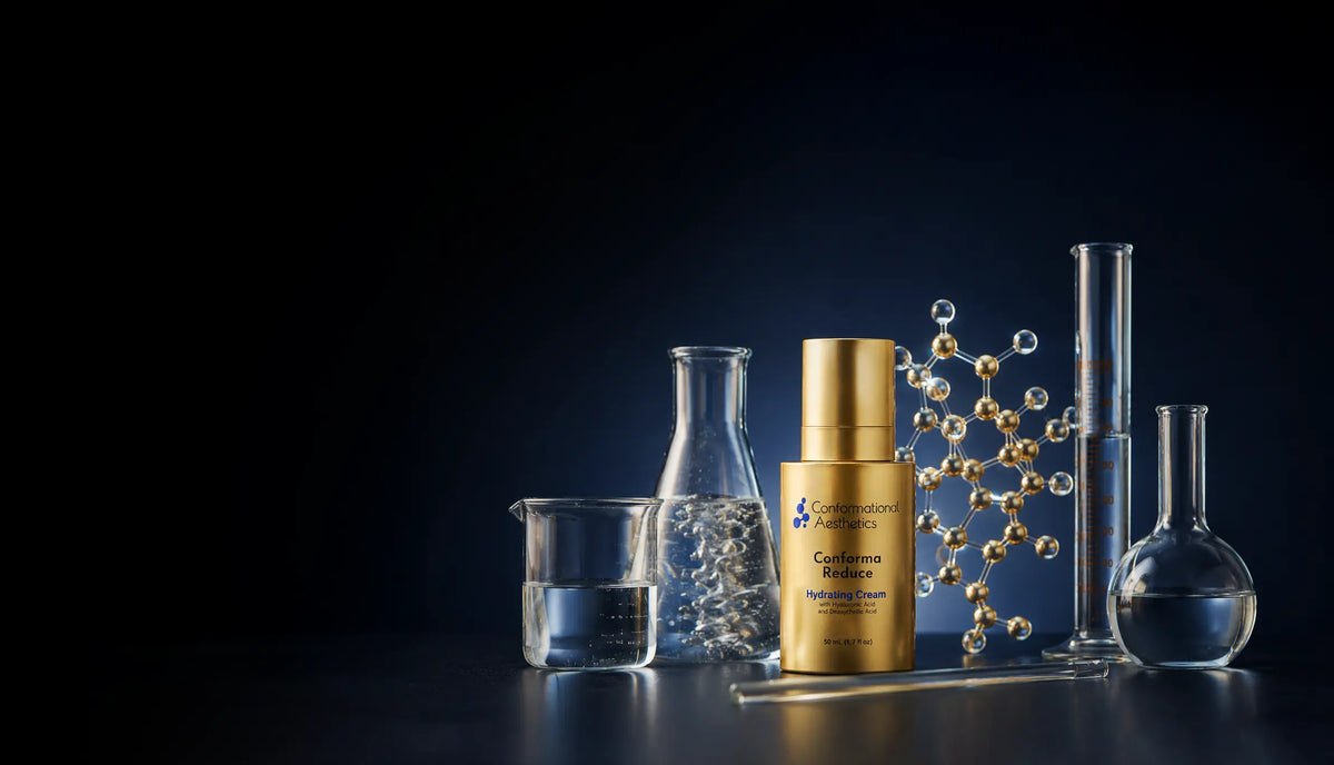 Conforma Reduce hydrating cream displayed among laboratory glassware and a molecular model.