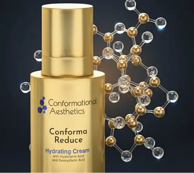 Conforma Reduce Hydrating Cream bottle shown beside a molecular model on a dark background.