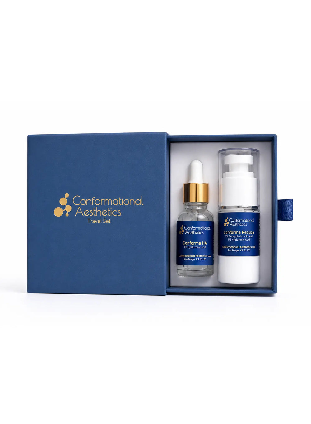 Conformational Aesthetics Travel Set in a navy blue gift box featuring Conforma HA 1% hyaluronic acid serum and Conforma Reduce 1% deoxycholic acid with 1% hyaluronic acid.