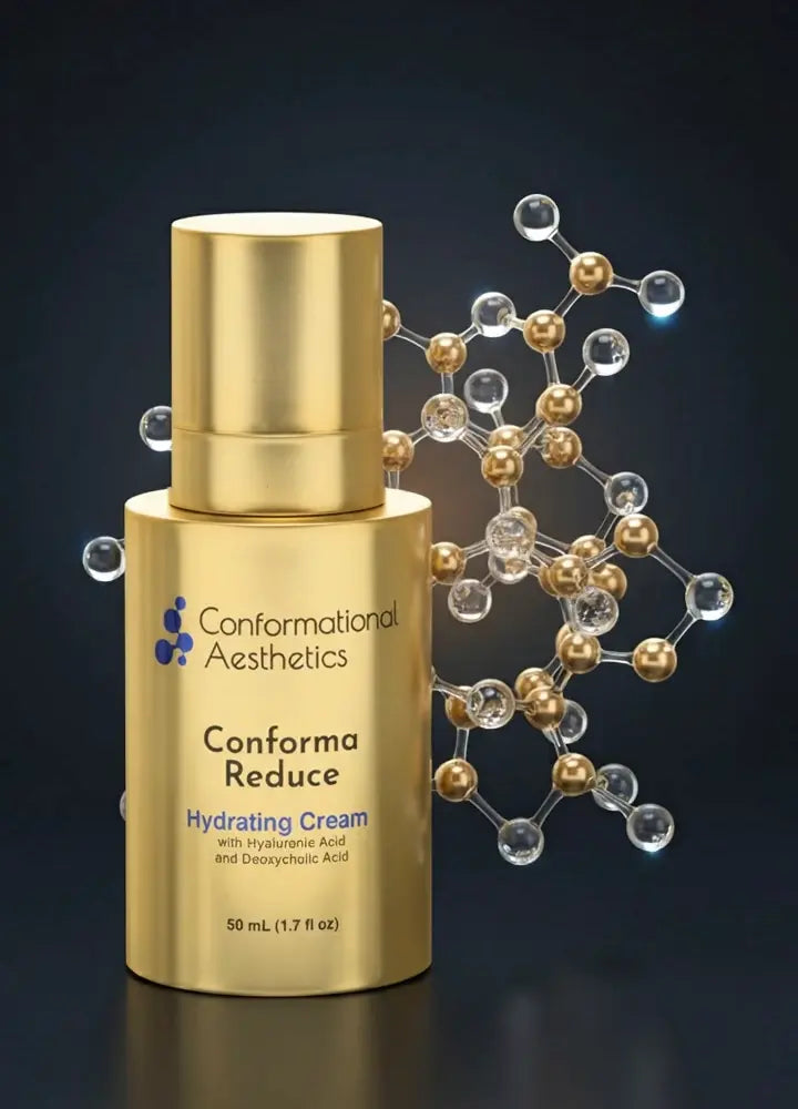 Gold bottle of Conforma Reduce Hydrating Cream displayed beside a molecular structure graphic on a dark background.