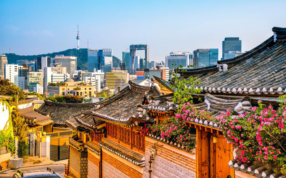 Traditional Korean hanok architecture with pink flowers in Bukchon Hanok Village overlooking the Seoul skyline and Namsan Seoul Tower.
